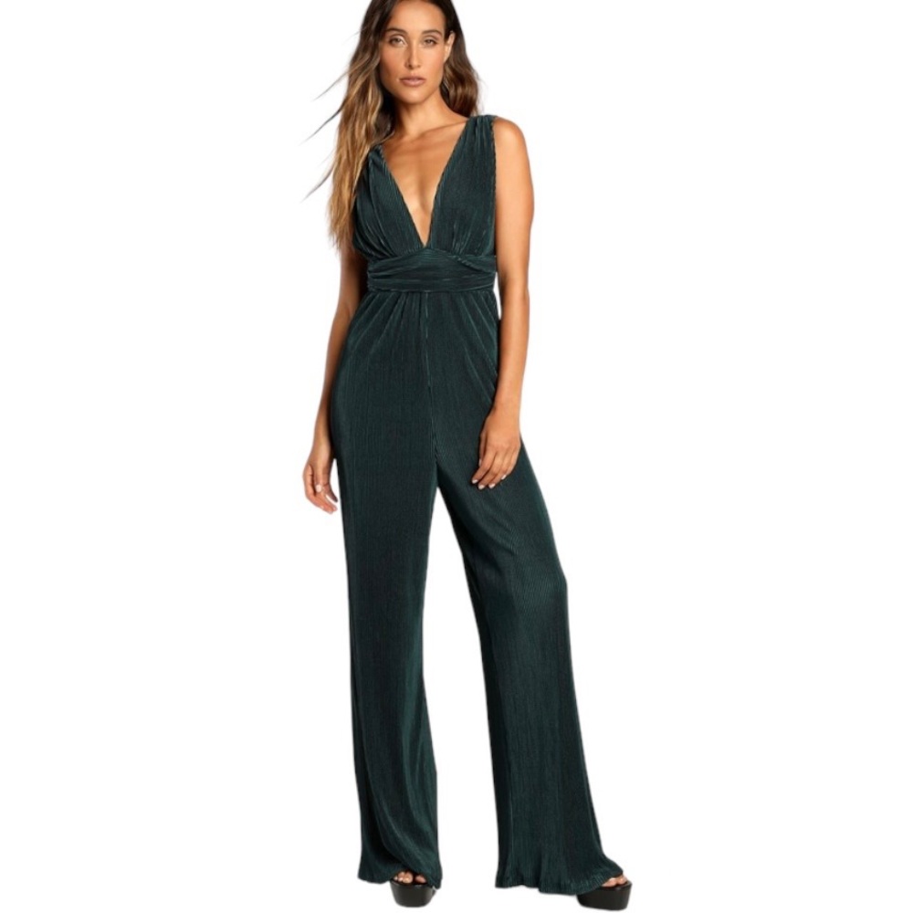Lulus Plisse Be Mine Green Wide-Leg Jumpsuit